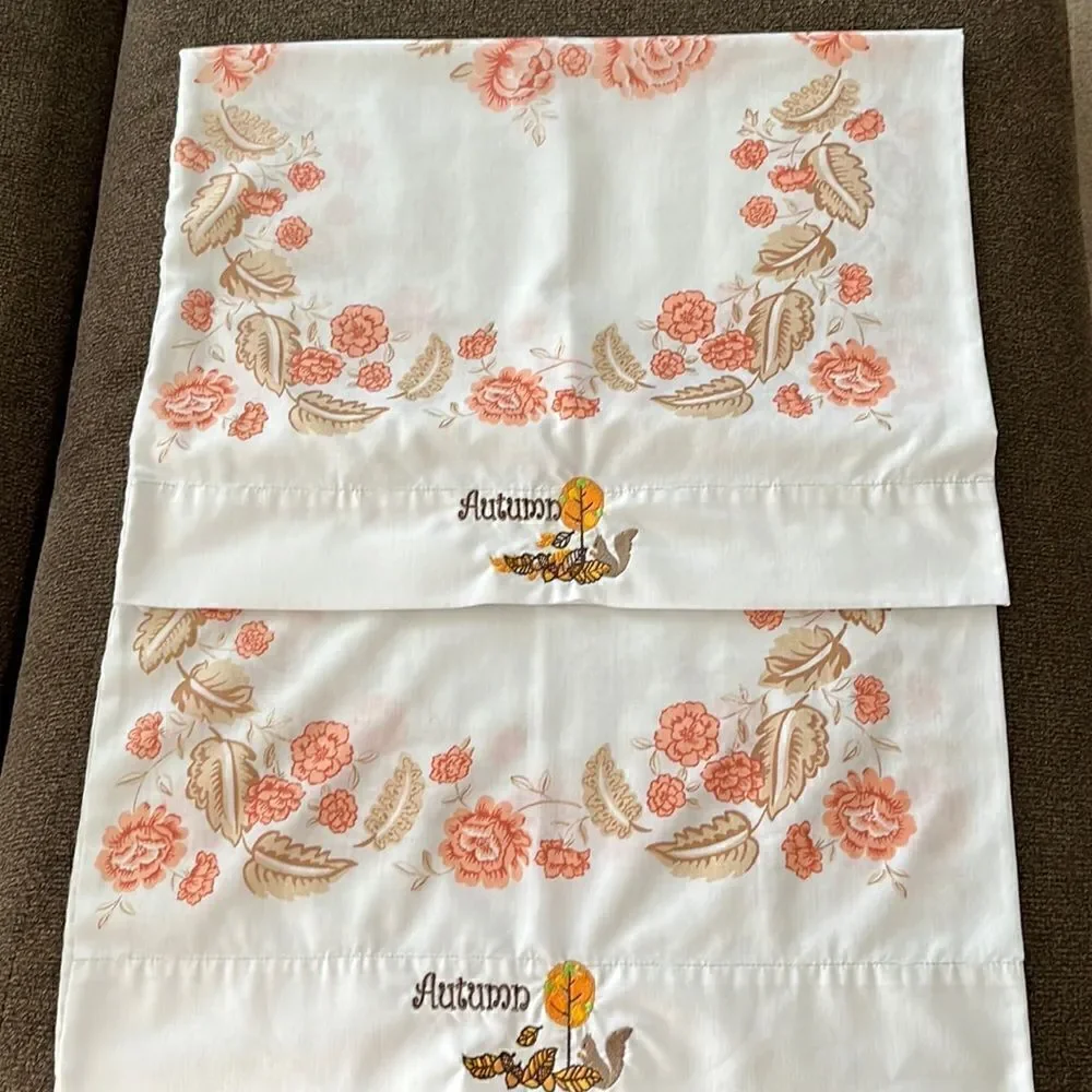 Set 2 Custom Autumn Embroidered White with Red/Brown Floral Accent Pillowcases
